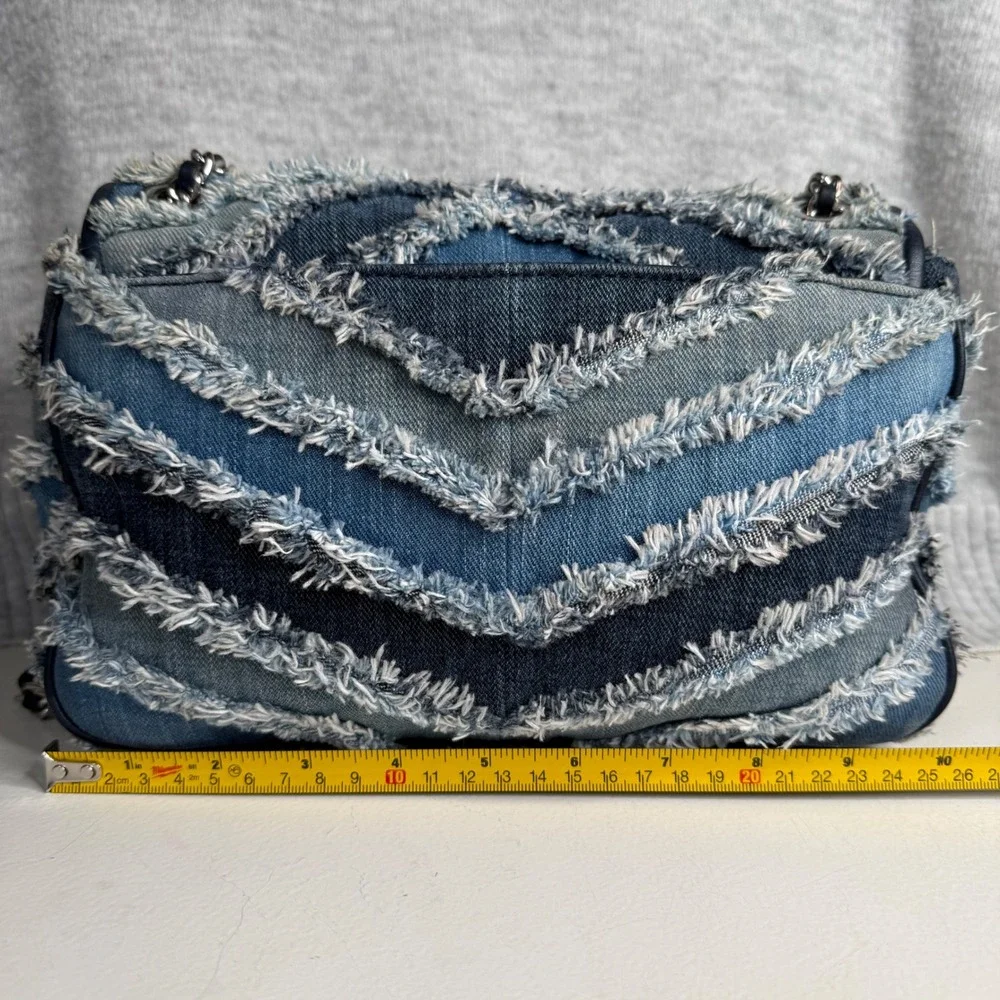 Michael Kors Sloan Large Denim Patchwork Frayed Chevron Shoulder Bag Blue Silver - Picture 2 of 15